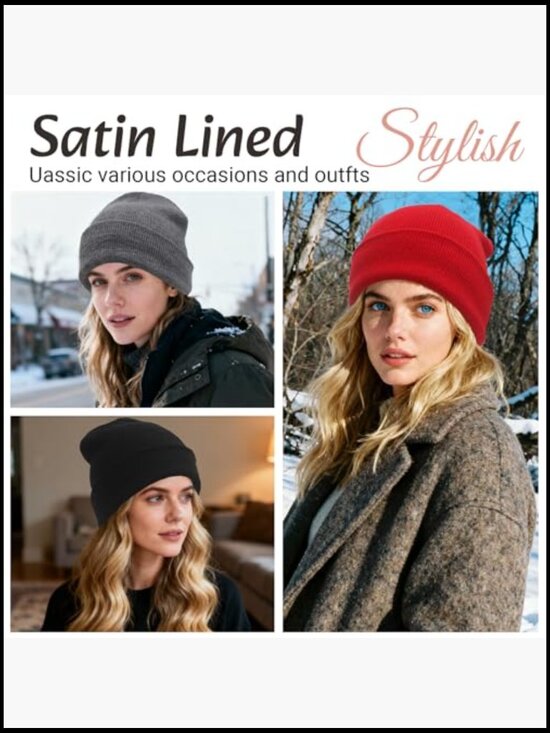 Satin Lined Beanie Hair Protection Winter Hat Knit Skull Cap main image 4